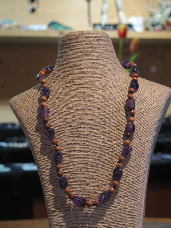 Amethyst-Kette mit Holz, 63cm (Lup150)