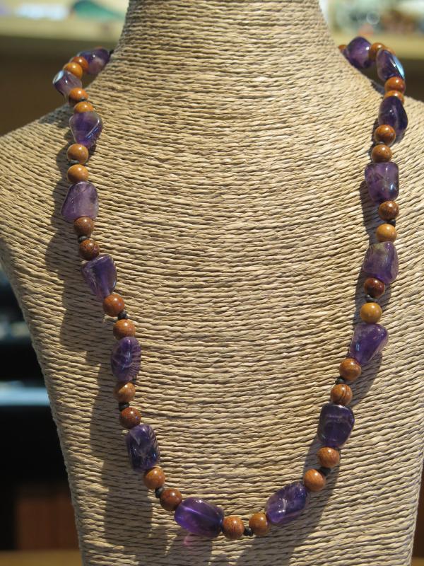 Amethyst-Kette mit Holz, 63cm (Lup150)